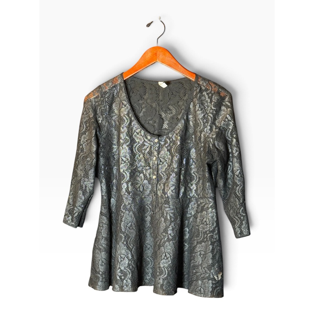 Free People Lace Peplum Top Womens Medium Black Floral Button Up M